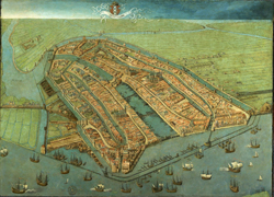 Schilderij vogelvluchtplattegrond van Amsterdam, 1538